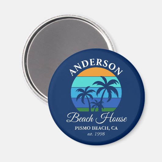 Familienname Beach House Sun Palm Trees Blue Magnet (Vorderseite/Rückseite)