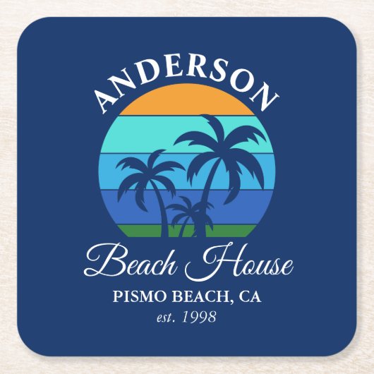 Familienname Beach House Sun Palm Trees Blue Rechteckiger Pappuntersetzer (Vorderseite)