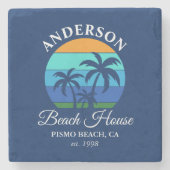 Familienname Beach House Sun Palm Trees Blue Steinuntersetzer (Vorderseite)