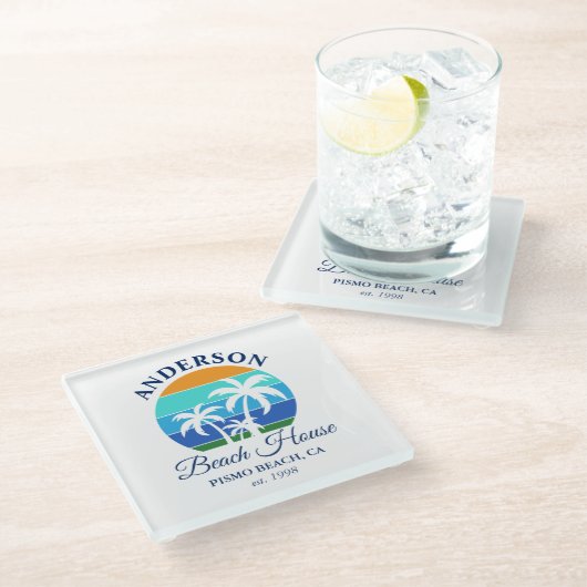 Familienname Beach House Sun Palm Trees Glasuntersetzer (Schrägansicht)