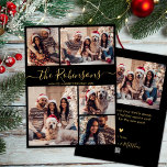 Familienname Black Gold 5 Foto Collage Weihnachten<br><div class="desc">Moderne einfache Elegante Kalligrafie Schwarz und Gold 5 Foto Collage Familie Name Skript Merry Weihnachtskarte. Diese festliche, minimalistische, skurrile 5 (5) Foto-Grußkartenvorlage verfügt über eine hübsche Gitter-Foto-Collage, ein riesiger "Familienname" Text, der in einem wunderschönen handgeschriebenen Wirblen Swash-Schwanz-Schriftart-Skript in Gold auf schwarzem Hintergrund geschrieben ist. Auf der Rückseite mit Ihrer Grußbotschaft-Vorlage...</div>