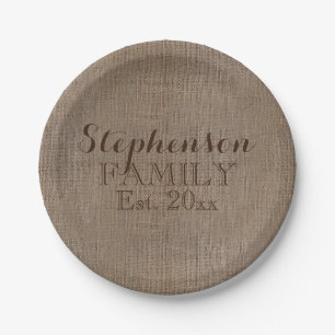 Familienname Burlap Rustic Pappteller