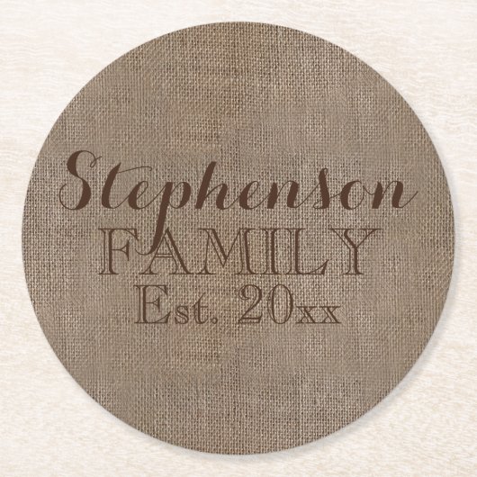 Familienname Burlap Rustic Runder Pappuntersetzer (Vorderseite)