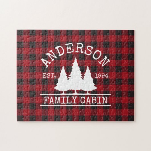 Familienname Cabin Red Buffalo Karierte Pinienbäum Puzzle (Horizontal)