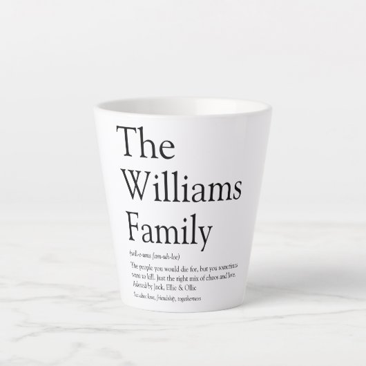 Familienname Definition Schwarz und Weiß Spaß Mode Milchtasse (Vorderseite)