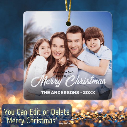 Familienname Elegant Script Frohe Weihnachten Foto Keramikornament