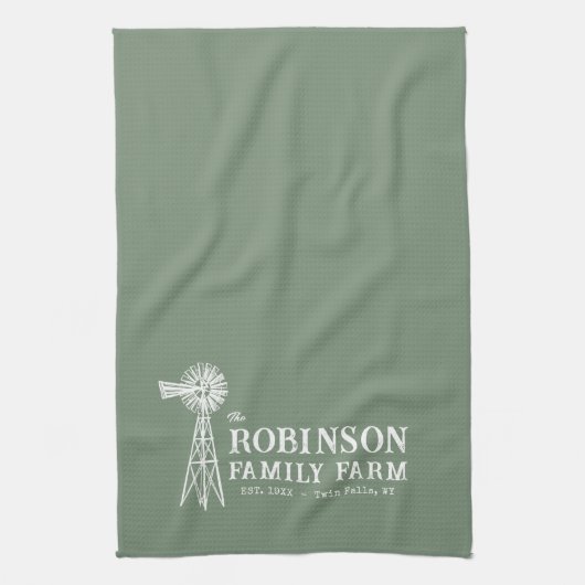 Familienname Farm Rustic Windmill Sage Green Geschirrtuch (Vertikal)
