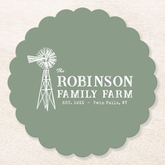Familienname Farm Rustic Windmill Sage Green Untersetzer (Vorderseite)