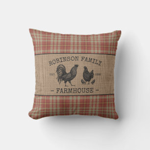 Familienname Farmhaus Vintage Rot Kariert Jute Kissen