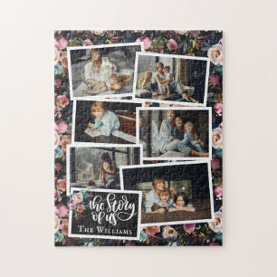 Familienname Foto-Collage Floral auf Schwarz Puzzle