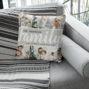 Familienname, Foto-Collage und Angebot Kissen