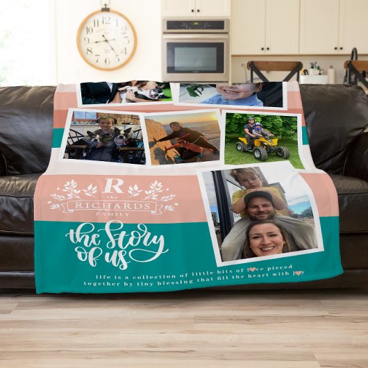 Familienname FotoCollage | Aquamarin und rosa Fleecedecke