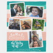 Familienname FotoCollage | Aquamarin und rosa Fleecedecke (Vorderseite)