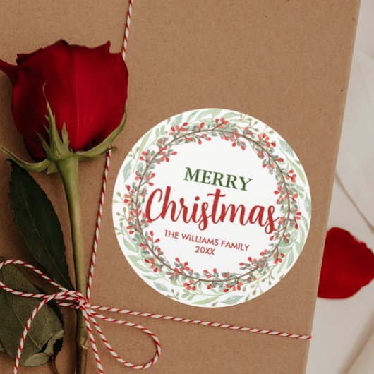 Familienname Frohe Weihnachts-Blume Wreath Runder Aufkleber