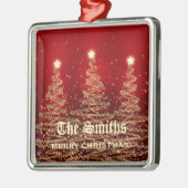 Familienname-funkelnde Weihnachtsbäume rot Silbernes Ornament (Links)