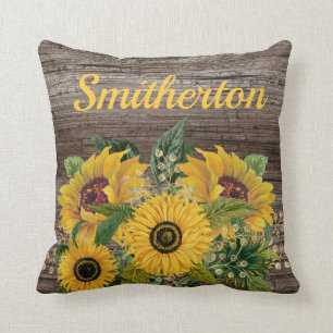 Familienname Gelbe Sonnenblumen Rustikales Holz Kissen