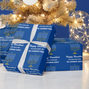 Familienname Happy Hanukkah Menorah White Blue Gol Geschenkpapier