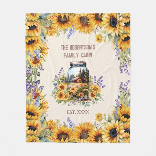 Familienname Hütte Bauernhof Wald Sonnenblumen Fleecedecke (Vorderseite)