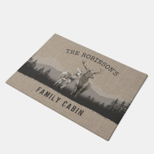 Familienname Hütte Hirsche Kiefernwald Burlap Fußmatte
