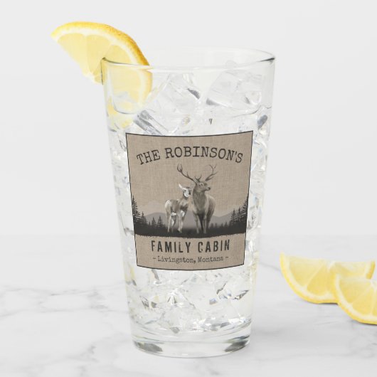 Familienname Hütte Hirsche Kiefernwald Burlap Glas (Vorderseite Ice)