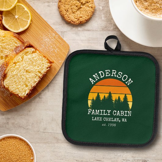 Familienname Kabine Pine Trees Sunset Green Topflappen