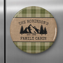 Familienname Kabinenbaum Sage Kariert Burlap Round Magnet