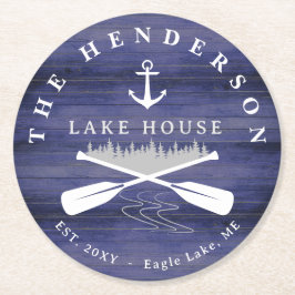 Familienname Lake House Pine Trewood Personalisier Runder Pappuntersetzer