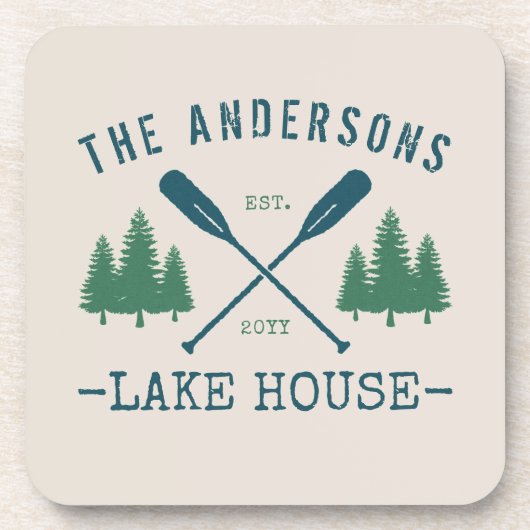 Familienname Lake House Rustikale Oars Pine Trees Getränkeuntersetzer (Vorderseite)