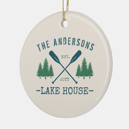 Familienname Lake House Rustikale Oars Pine Trees Keramik Ornament (Links)