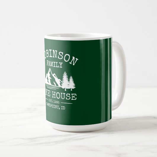 Familienname Lake House Trees Forest Green Large Kaffeetasse (VorderseiteRechts)