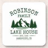 Familienname Lake House Wald Grüne Bäume Korken Getränkeuntersetzer (Vorderseite)