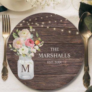 Familienname-Monogramm-Blumen-Mason-Glas Rustikal Pappteller