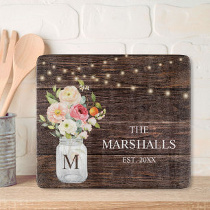Familienname-Monogramm-Blumen-Mason-Glas-Rustikal Schneidebrett