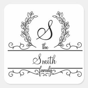 Familienname Monogramm Floraler Kranz Flourish Quadratischer Aufkleber