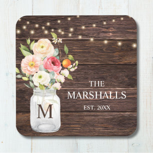 Familienname Monogramm Florales Mason-Glas Rustika Getränkeuntersetzer