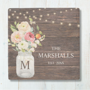 Familienname Monogramm Florales Mason-Glas Rustika Steinuntersetzer