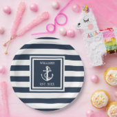 Familienname Nautical Anchor Boat Navy Blue Strip Pappteller (Party)