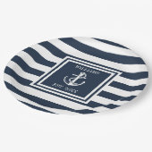 Familienname Nautical Anchor Boat Navy Blue Strip Pappteller (Schrägansicht)