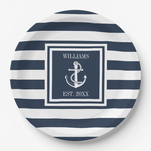 Familienname Nautical Anchor Boat Navy Blue Strip Pappteller (Vorderseite)