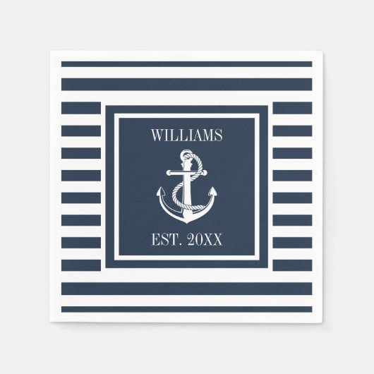 Familienname Nautical Anchor Boat Navy Blue Strip Serviette (Vorderseite)