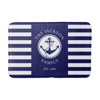 Familienname Nautical Anker Blau Streifen Muster Badematte