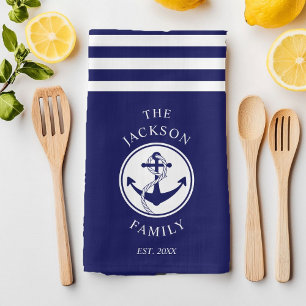 Familienname Nautical Anker Blau Streifen Muster Geschirrtuch