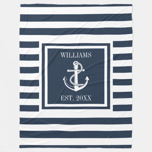 Familienname Navy Blue Striping Nautical Anchor Bo Fleecedecke (Vorderseite)