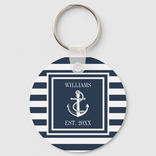 Familienname Navy Blue Striping Nautical Boat Anch Schlüsselanhänger (Vorderseite)