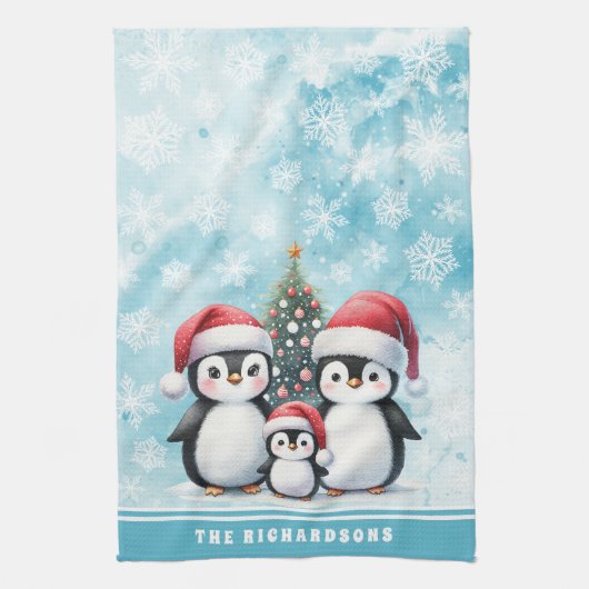 Familienname Niedlich Pinguine Snowy Blue Christma Geschirrtuch (Vertikal)