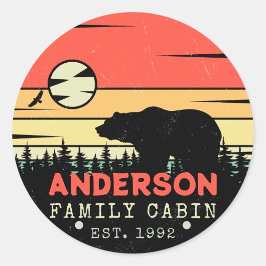 Familienname Retro Pine Trees Bären Souvenirs Runder Aufkleber (Vorderseite)