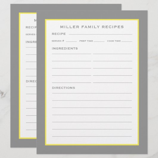 Familienname + Rezepte | Einfach Graugelb & Weiß (Vorne/Hinten)