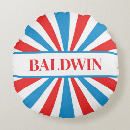 Familienname Rot, Weiß und Blau Sunburst Rundes Kissen