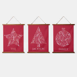 Familienname Roter Weihnachts-Triptychon Wandteppich Mit Holzrahmen