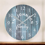 Familienname Rustic Beach House Runde Wanduhr<br><div class="desc">Die Wanduhr im Stil eines blauen Bauernhofs ist ideal für Ihre ländliche Strandküche oder Ihren Wohnraum. Personalisieren Sie sich mit Ihrem Familiennamen und etablierten Jahr für einen einzigartigen und personalisierten Geburtstag oder Weihnachtsgeschenk.</div>